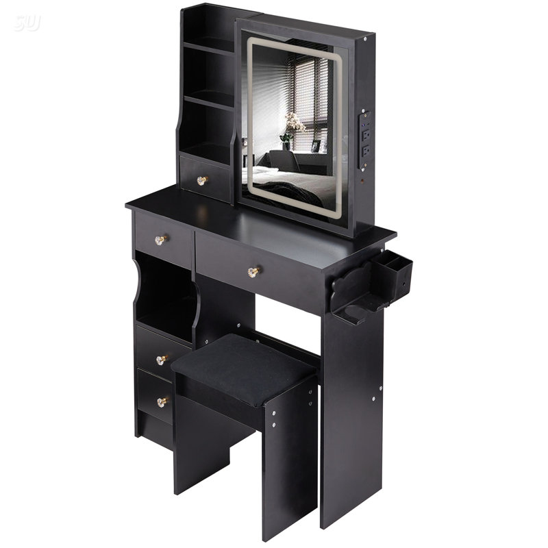 Petit meuble-lavabo de 29,2 po avec tiroir à gauche + tabouret rembourré, 2 blocs d'alimentation CA + 2 ports USB, support pour séchoir à cheveux, très grand miroir à DEL coulissant à contrôle tactile, changement de luminosité tricolore, réglage de la luminosité