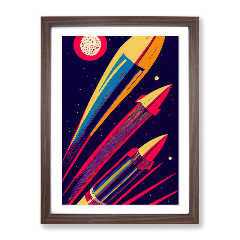 XC1022-3775X Retro Art Spaceship Rockets 1 Piece Wall Art on Canvas, 46cm H x 34cm W x 3cm D, Walnut Framed