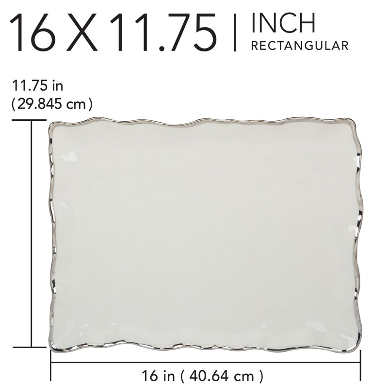 Elegant Silver Rimmed Rectangular Ceramic Serving Platter, 16 inches