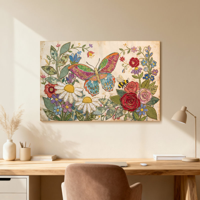 Animaux, impression de motif de jardin d'abeille papillon floral, H 24 po x l 36 po, Toile tendue, Ne s’applique pas