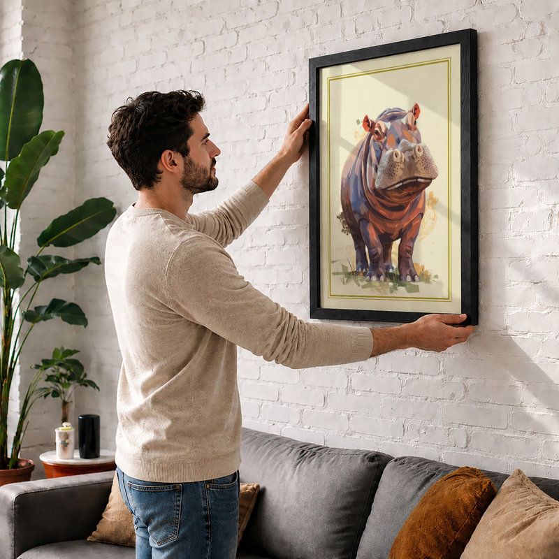 Gentle Hippopotamus Boho - Framed Print, A4 - 29.7 x 21.0 cm, White