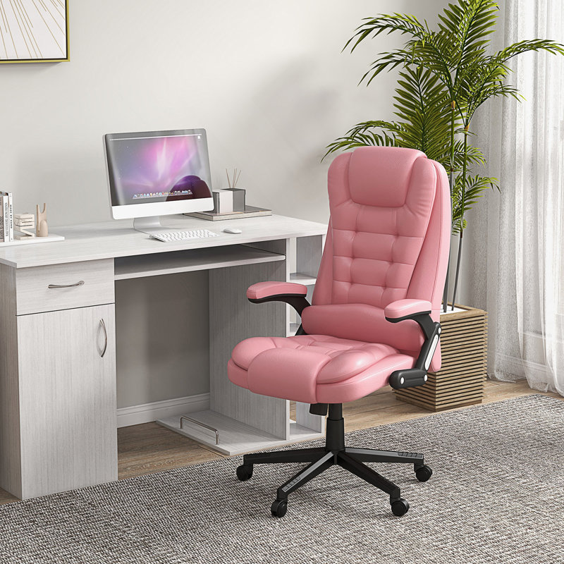 High Back Vibration Massage Office Chair with 6 Vibration Points, Heated Reclining with Remote, Pink, Polyester
