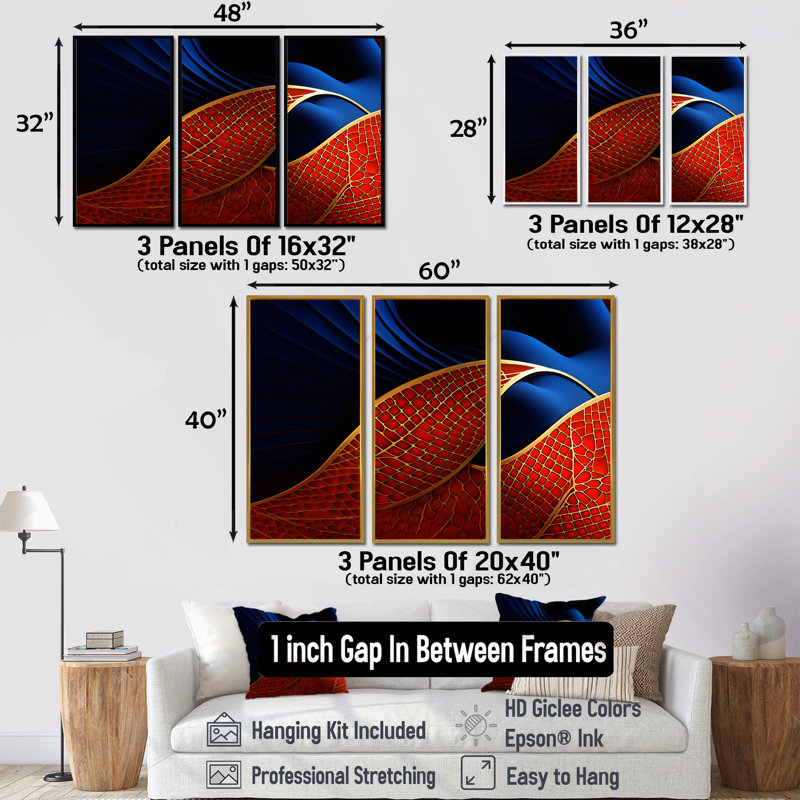 «Texture Blue Gold Butterfly Wings - Botanicals», ensemble de reproduction d'art mural, H 28 po x l 36 po x P 1 po