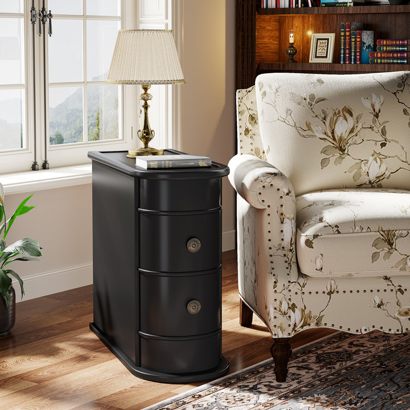 Solid Wood End Table with 2 Storage Drawers, No Assembly Required, Black