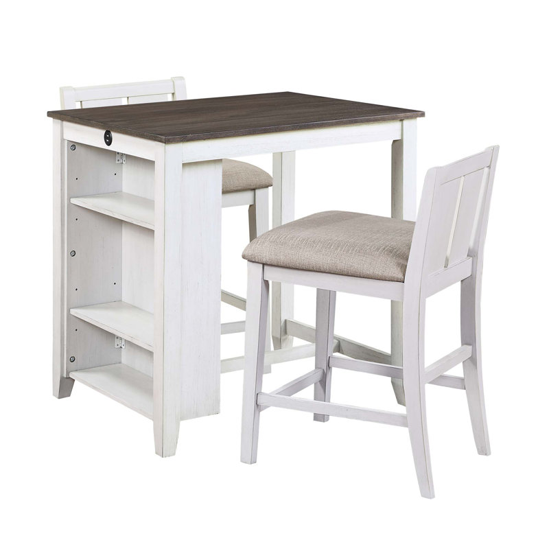 Transitional Design And 3-Piece Pack Counter Height Set Table W Display Shelf USB Ports And 2X Counter Height Chairs Fabric Upholstered Dining Furniture