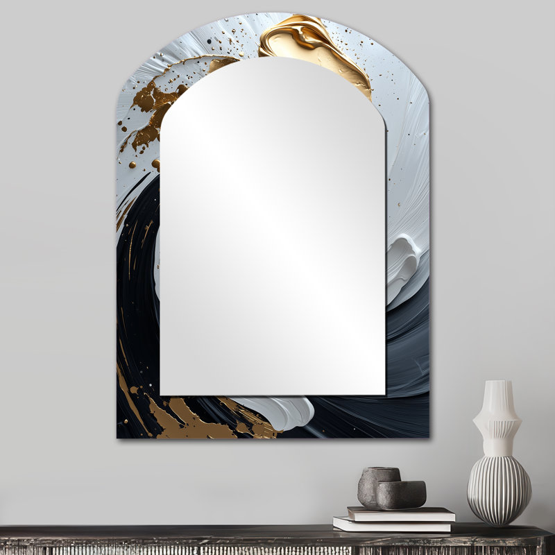 Blanc blanc, or, cosmique, tourbillon II - miroir mural en spirale abstrait, miroir décoratif asymétrique doré, impression sur métal