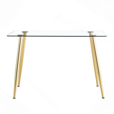 Table de salle à manger rectangulaire moderne en verre pour 4 à 6 personnes avec plateau en verre trempé de 0,31 po et pieds en métal plaqué or, bureau d'écriture, 51 po x 31 po x 30 po