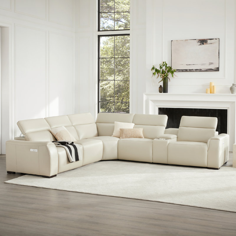 Thea 6 - Piece Genuine Leather Power Reclining Sectional with USB Ports & sockets , Console & Cup holder, Ivory