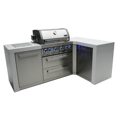 Îlot de cuisine modulaire en forme de L de luxe en acier inoxydable de L 82 po x P 50 po avec brûleur latéral à infrarouges + barbecue au gaz à 4 brûleurs l 32 po + comptoirs en granite + armoires et tiroirs de rangement Mont Alpi