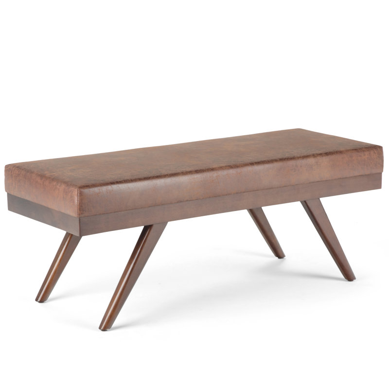 Chanelle 48"W Tweed Fabric Mid-Century Modern Ottoman Bench with Flared Tapered Legs, Distressed Umber Brown