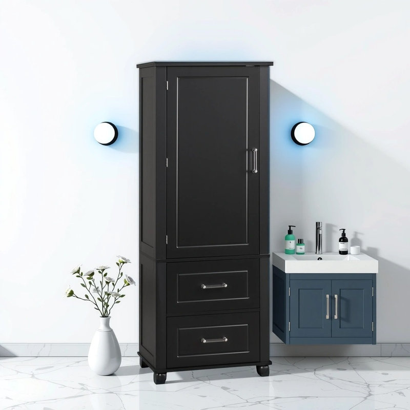 Armoire de rangement pour salle de bain moderne de style supérieur - autoportante avec 2 tiroirs, tablettes réglables et dispositif anti-basculement, finition imperméable en bois aggloméré
