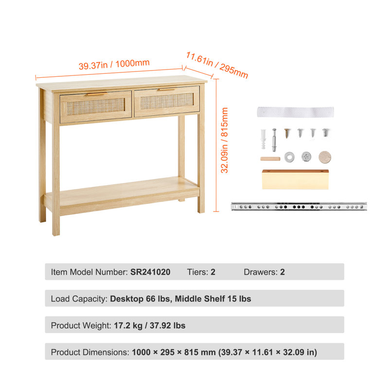 Natural Oak and Rattan Console Table with Storage Drawers