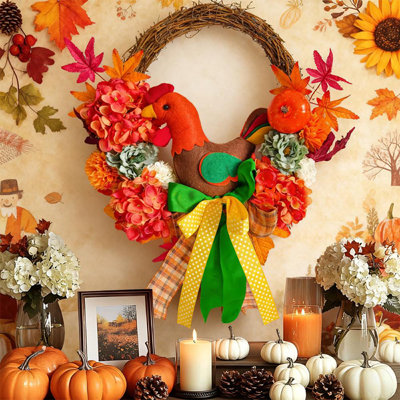 17.7 Inch Farmhouse Bohemian Fall Wreath With Turkey, Pumpkins, Hydrangeas & Rustic Bow