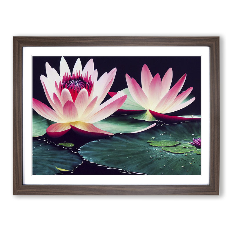 Grand Water Lily Flowers - Print, 25cm H x 34cm W, Walnut