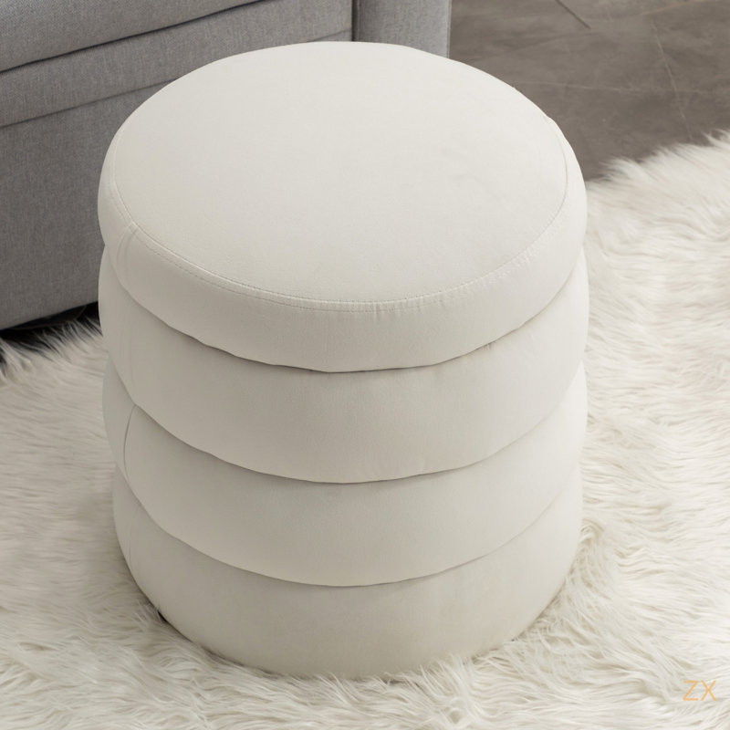 Soft Velvet  Round Ottoman Footrest Stool, Ivory Velvet