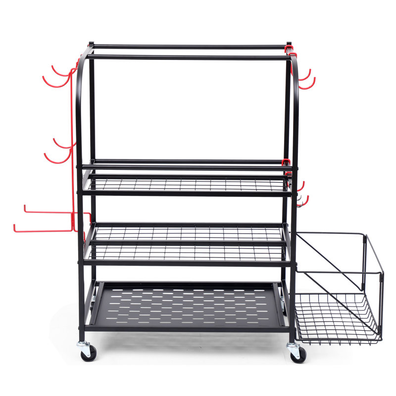 All-in-One Sports Storage Rack for Garage, Ball Holder, Yoga Mat Organizer with Hooks and Basket
