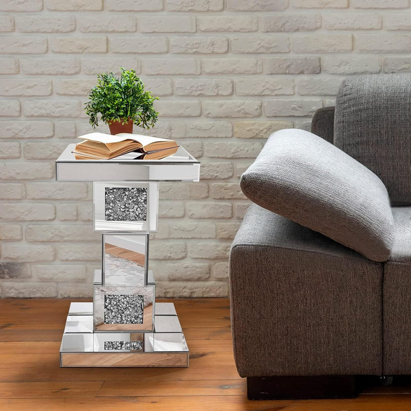 Modern Silver Mirrored End Table With Crystal Inlay, Geometric Design Accent Table For Living Room And Bedroom
