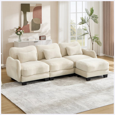Canapé en L Chenille avec repose-pieds mobile, canapé modulaire surdimensionné à 3 places avec 3 coussins de taille, conception ergonomique, facile à assembler, beige