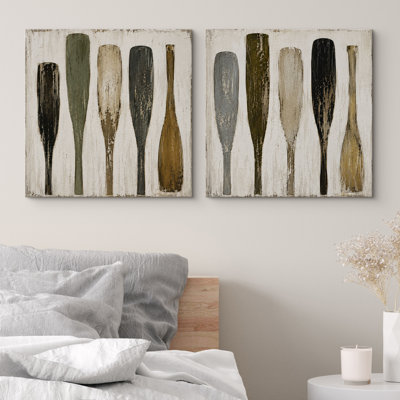 Rustic Wooden Oars Collection With Neutral Lake House Charm Framed Canvas Master Bedroom Wall Art Work 2 Pieces Print Set