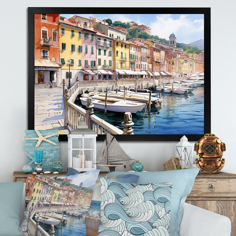 «Italie», charme côtier sur toile, H 30 po x l 40 po x P 1,5 po, Cadre simple noir