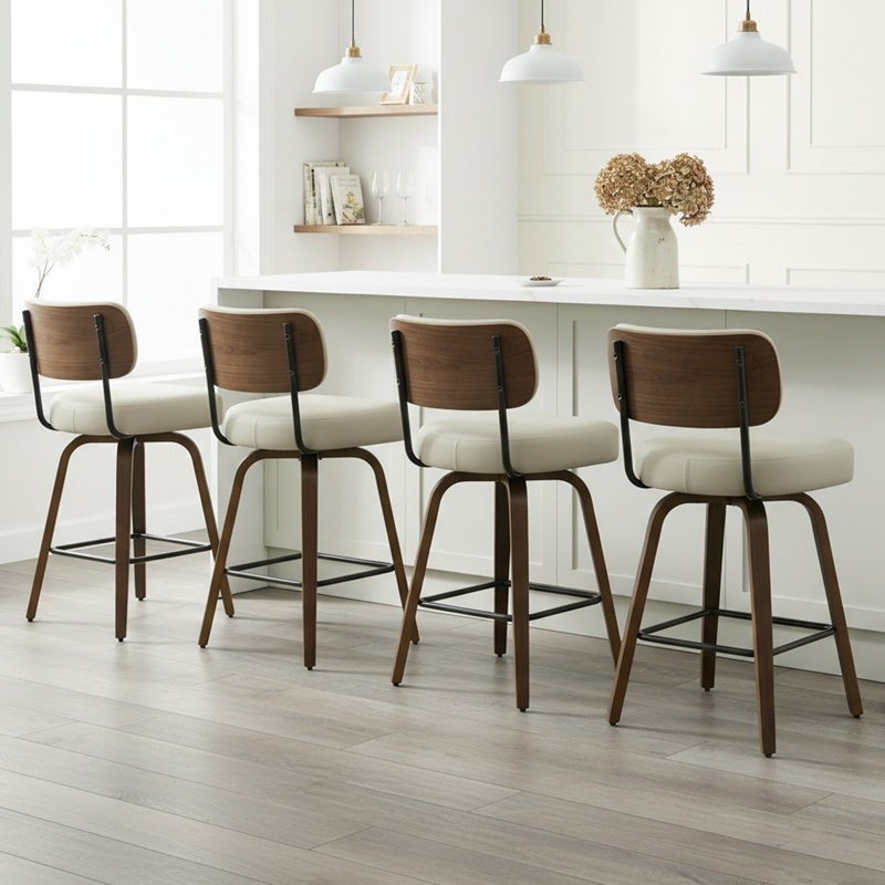 Tabouret de comptoir pivotant rembourré avec structure en bois, Gris-beige, 4