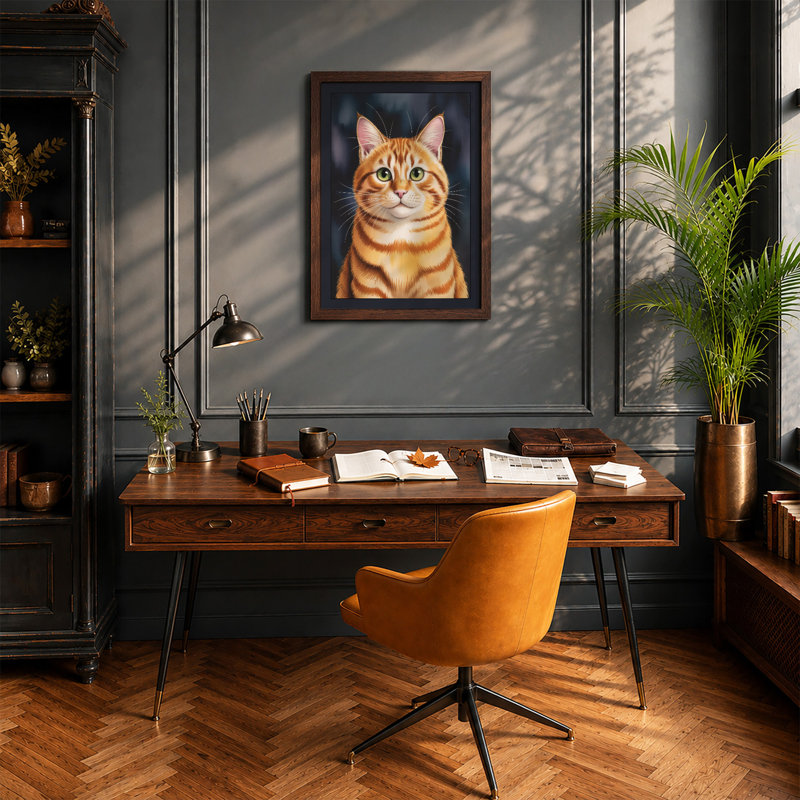 Alert Tabby Modern - Framed Print, A2 - 59.4 x 42.0 cm, Walnut