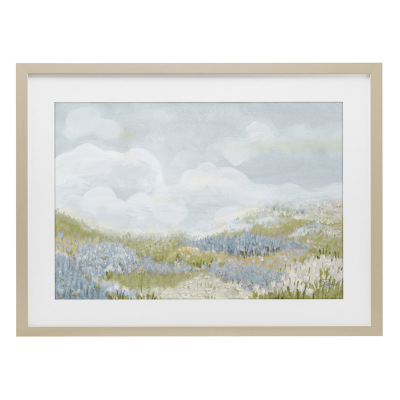 «Blue Floral Meadow», reproduction d'art sous verre encadrée par Patricia Pinto, H 17 po x l 23 po, Cadre de récolte en pin