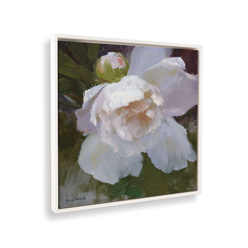 «Graceful White Peony Bloom I», reproduction sur toile 12 po x 12 po, Cadre flottant blanc opaque