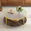 Table basse moderne à 2 niveaux en noyer avec plateau en verre et base dorée Modern