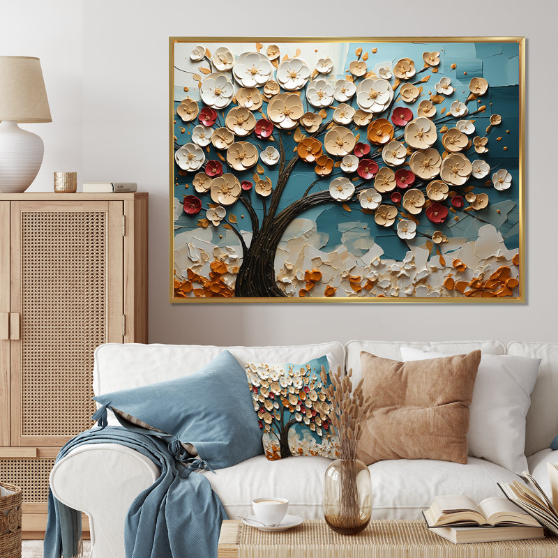 Arbre de fleur rouge et or au clair de lune beauté IV - arbre, art mural, Cadre flottant doré, H 12 po x l 20 po x P 1 po