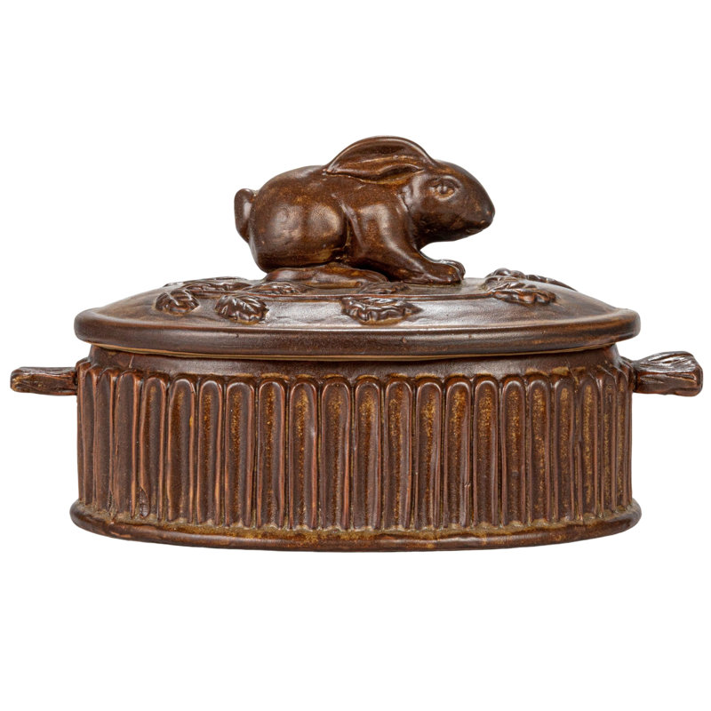 Large Matte Brown Stoneware Baker with Rabbit Design
