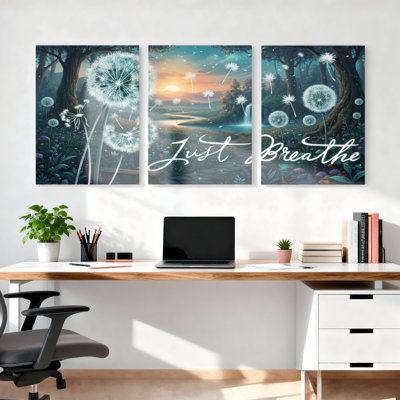 Ensemble de 3 toiles murales « Coucher de soleil dans la forêt de pissenlits » avec citation inspirante « Just Breathe » pour la décoration du salon, de la chambre et de la maison