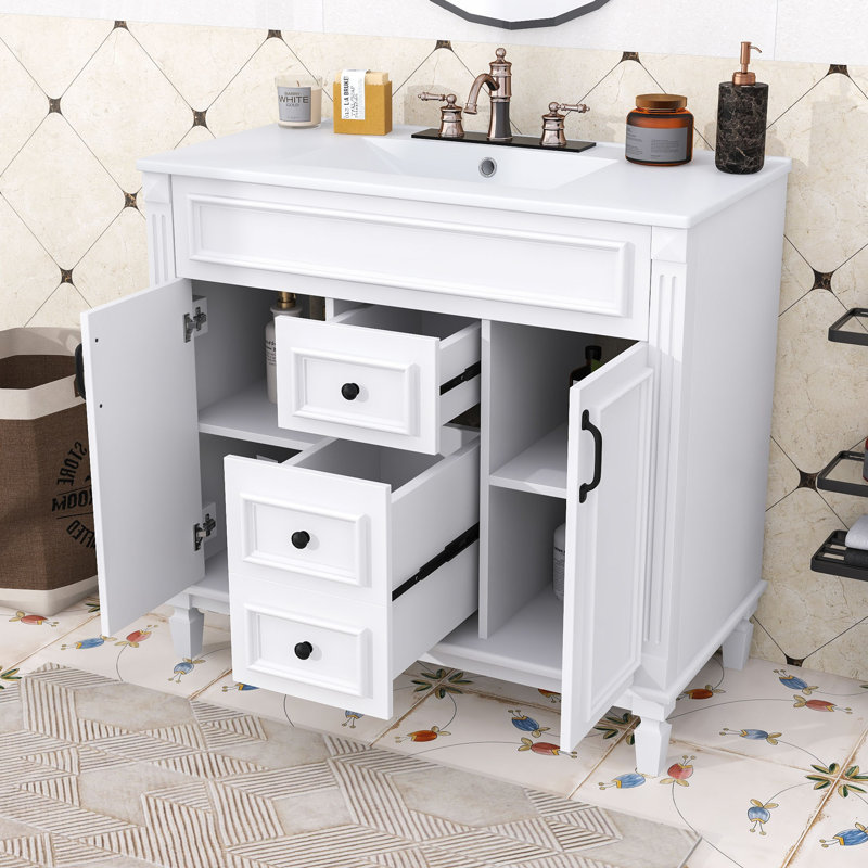 Meuble-lavabo simple en bois avec comptoir Eesah, armoire et tiroirs de rangement multifonctionnels Eesah, Blanc, Noir