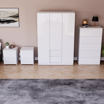 Taniesha 4 Piece Bedroom Set (2 Drawer Bedside Chest X2, 5 Drawer Chest, 3 Door 2 Drawer Wardrobe), (100% FSC)