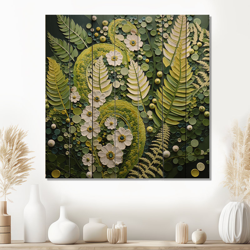 Fougère vert clair plante fantaisiste spirales I sur bois, H 25 po x l 25 po x P 0,78 po