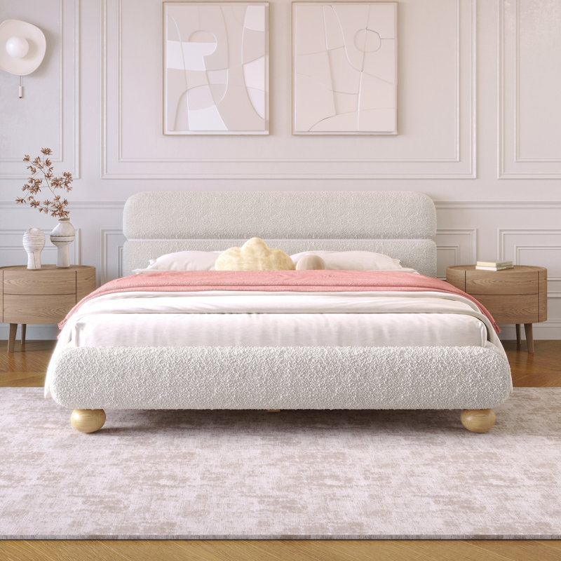 Lit tapissier contemporain à profil bas avec tissu en molleton Teddy et pieds ronds massifs Design courbé élégant pour la chambre à coucher, grand lit, blanc