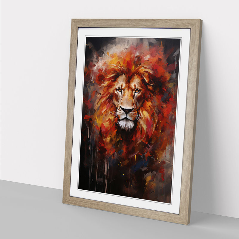 Lion Modern No.3 - Single Picture Frame Print on Wood, Oak Framed, 64cm H x 46cm W x 2cm D