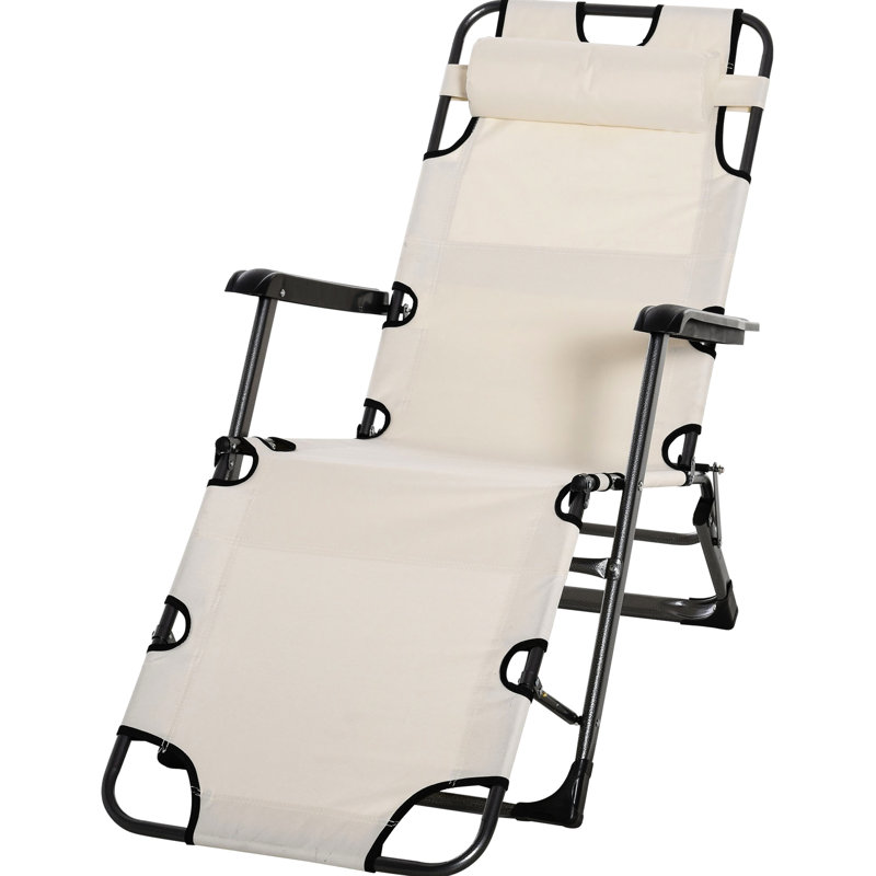 Cream Folding Poolside Chair. 21 Tanning Lounge Chair With Pillow & Pocket. For Beach, Patio, Lawn, Deck. Metal Frame - Pocket, Adjustable For Deck, White Color