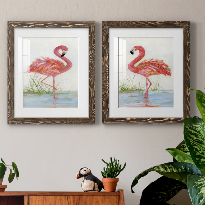 Flamingo I - ensemble de 2 peintures, Papier dans un cadre photo, H 20 po x l 34 po, Noyer