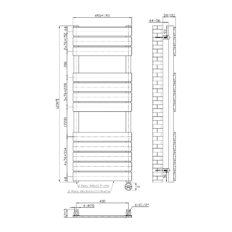 Flat Panel Towel Rail Heated Towel Rails, 120cm H x 45cm W x 6.2cm D, Anthracite