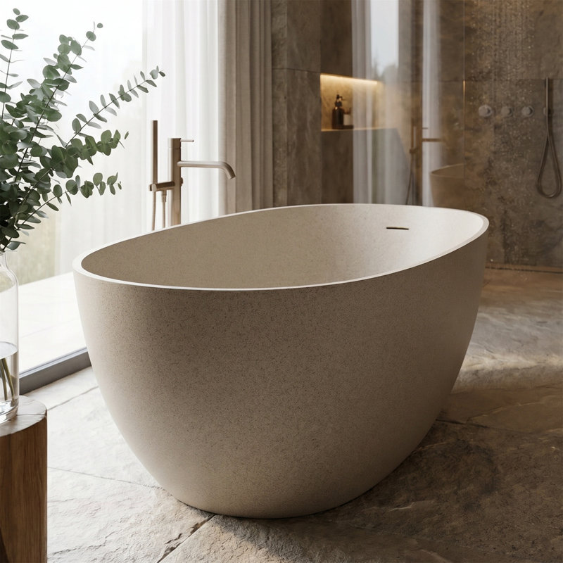 57" Freestanding Soaking Bathtub, Stone Resin Solid Surface, Pop-Up Drain, Overflow