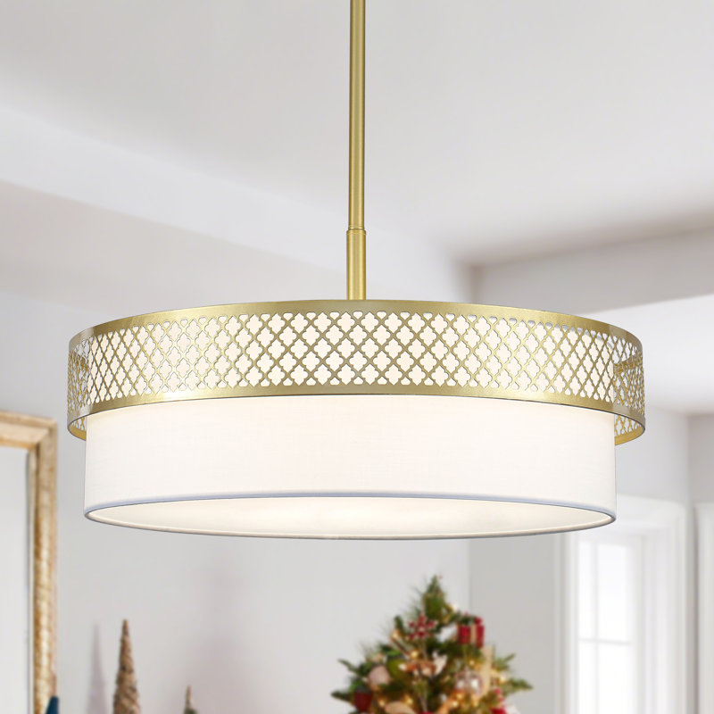 5 - Light 21.57" Dimmable Linen Shaded Drum Chandelier With Cut-Out Design Frame For Kitchen Island Living Dining Rooms Entryway Hallway Foyer
