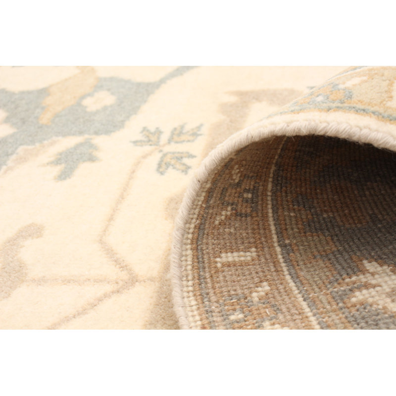 Tapis de zone en laine crème/gris/brun clair 8 pi 1 po x 10 pi ushak one-of-kind à la main noué la new age