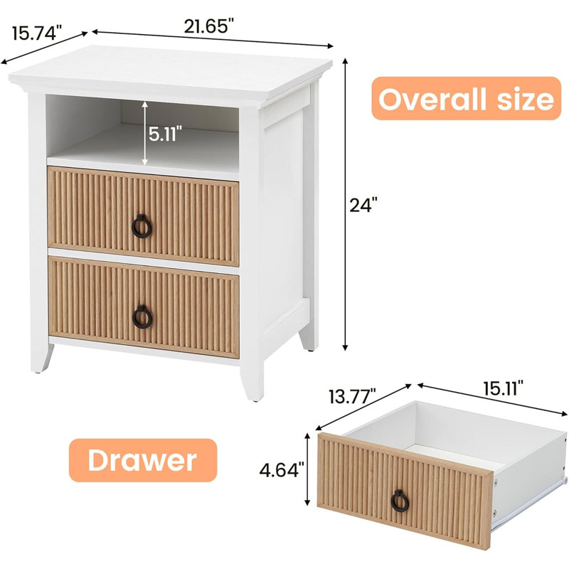 Ensemble de 2 tables de chevet et 2 tiroirs, Naturel, 2