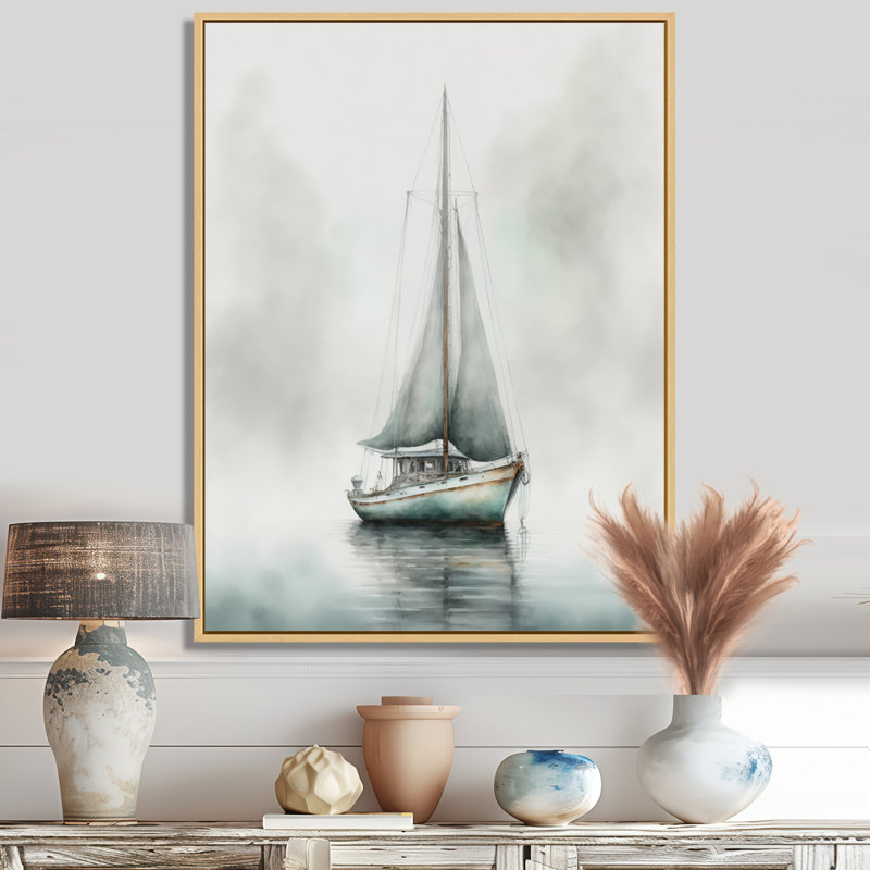 Voilier ancré dans le brouillard - art mural bateau côtier, H 32 po x l 24 po, Cadre flottant érable