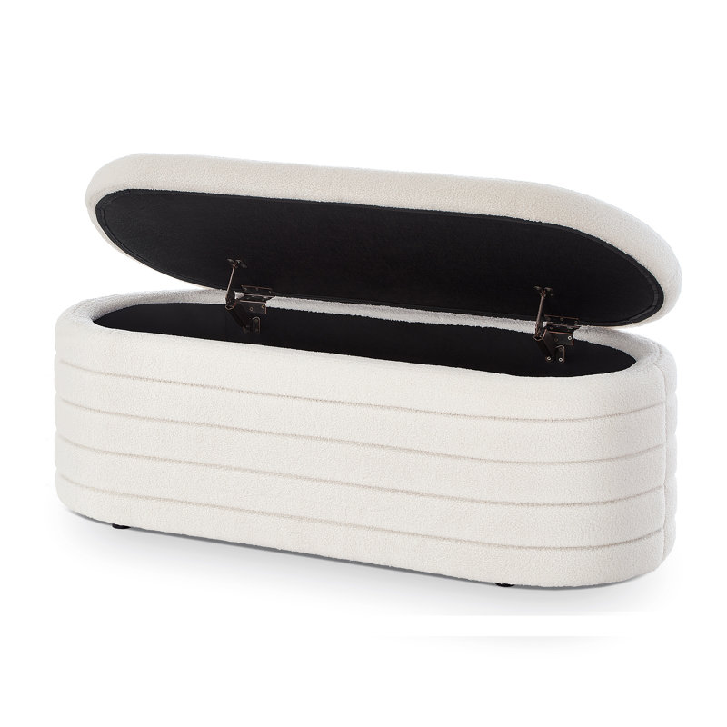 Cream White Upholstered Oval Storage Ottoman Bench