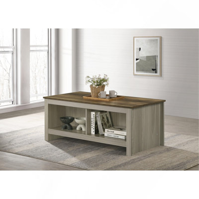 Table basse en chêne gris de 43 po avec tablettes ouvertes à l'avant et à l'arrière