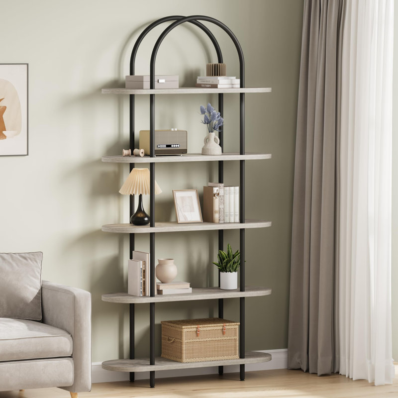 70.87'' Tall Arched Bookshelf, 5 Tier Bookcase With Metal Frame, Gray