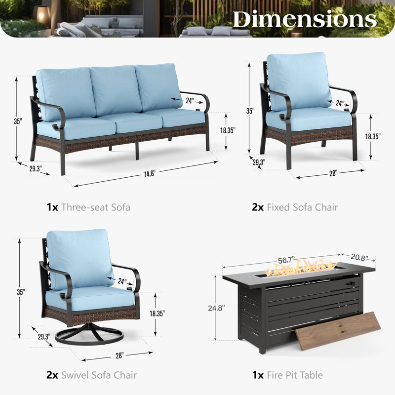 Ensemble de conversation pour 7 personnes avec 2 chaises longues pivotantes et table de foyer, Noir / bleu / noir