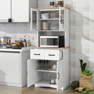 Wooden Kitchen Cabinet White Pantry Room Storage Microwave Cabinet With Framed Glass Doors And Drawer by Red Barrel Studio